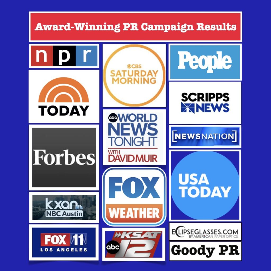Goody PR wins 2024 Bulldog PR Awards for Best Media Relations Campaign Gold Award for their American Paper Optics Eclipse Glasses National Public Relations Campaign 
